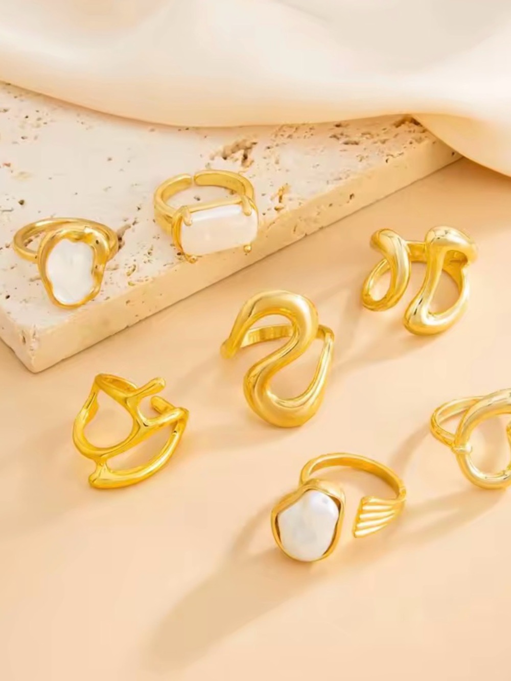 Gold and White Pearl Sculptural Ring Set - Picture 5 of 5
